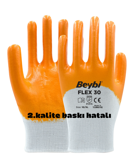 FLEX 30 Nitril Kaplı Pamuk ve Polyester Örgü Eldiven Sarı (2. Kalite) 100 Adet