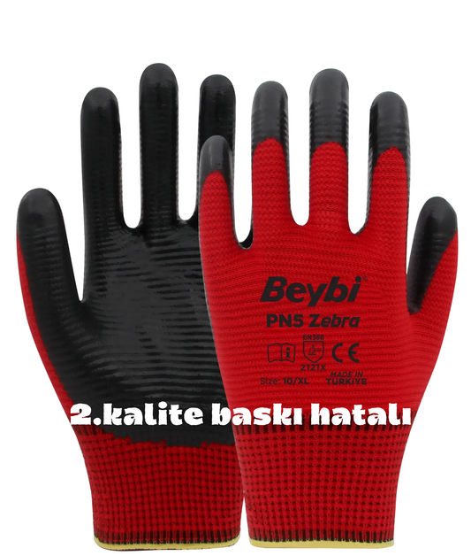 PN3 Zebra Polyester Örme Nitril Eldiven Kırmızı-Siyah (2. Kalite) 100 Adet