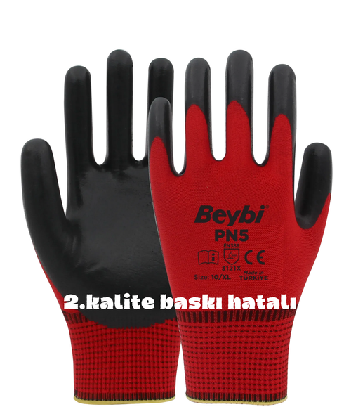 PN5 Polyester Örme Nitril Eldiven Kırmızı-Siyah (2. Kalite) 100 Adet
