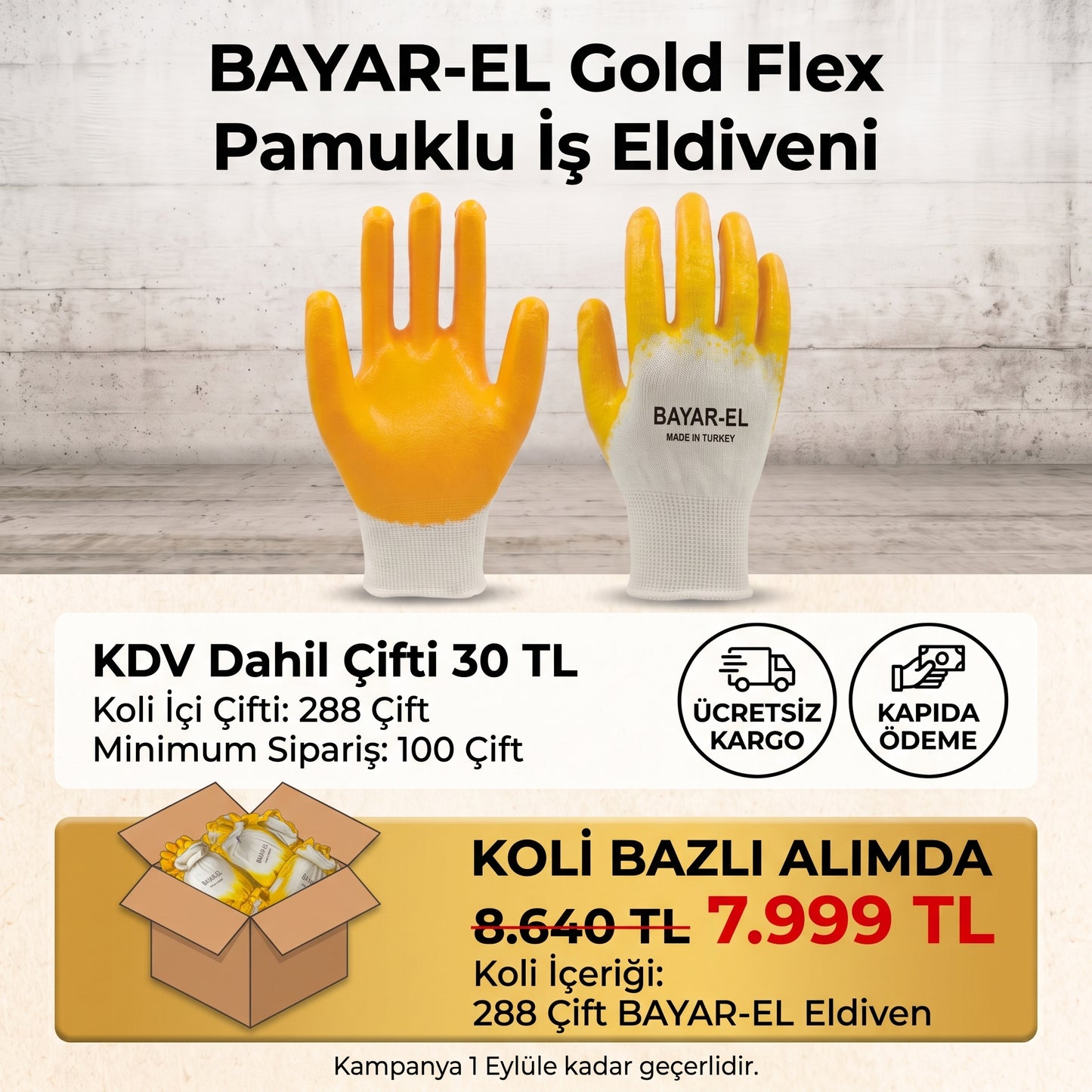 BAYAR-EL Gold Flex Pamuklu İş Eldiveni (1. Kalite / Kendi Üretimimiz) 288 Adet (1 Koli)